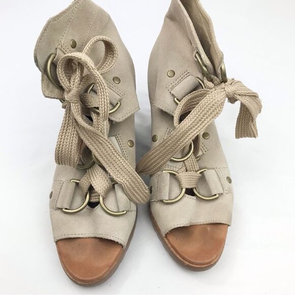 Sorel AFTER HOURS Lace Up Wedge Heel Casual Ankle Bootie Sandal in Oatmeal - Picture 6 of 16